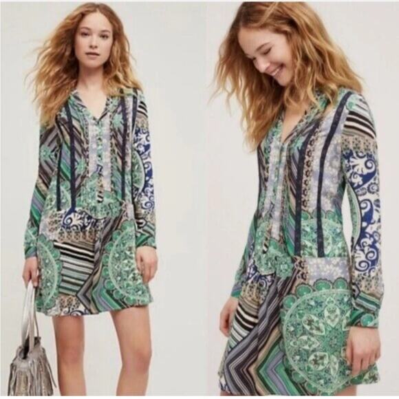 Anthropologie TINY Small Caviana Shirt Dress Green Boho Mixed Print Drop Waist - Picture 1 of 7